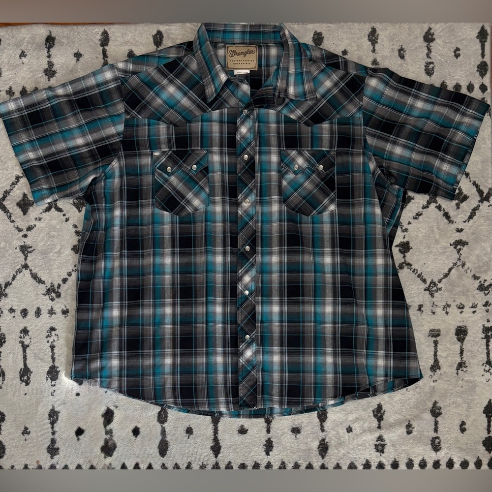 Wrangler Black Teal Plaid Short Sleeve Button Up Men’s  Top Size 2XL Pearl Snap